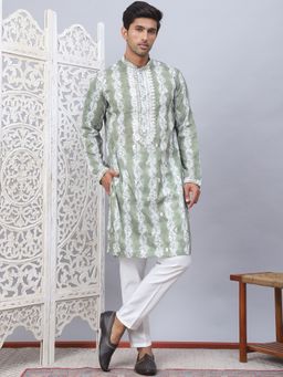 Jompers - Men Green Printed Embroidered Kurta with Pyjama