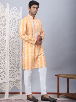 Jompers - Men Orange Printed Embroidered Kurta with Pyjama