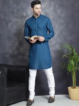 Jompers - Men Blue Embroidered Chikankari Pure Cotton Kurta with Churidar