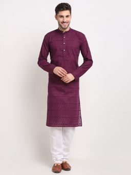 Jompers - Men Purple Floral Embroidered Cotton Kurta with Churidar