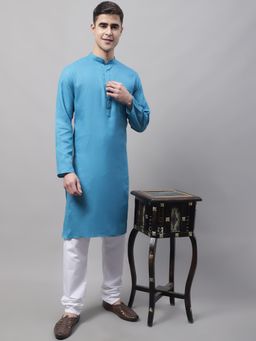 Jompers - Men Blue Cotton Solid Kurta with Churidar