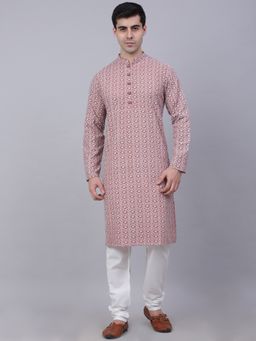 Jompers - Men Mauve Embroidered Cotton Kurta with Churidar
