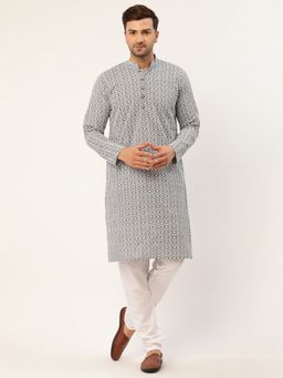 Jompers - Men Grey Embroidered Cotton Kurta with Churidar