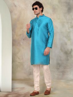 Jompers - Men Blue Solid Dupion Silk Kurta with Churidar
