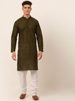 Jompers - Men Olive Embroidered Cotton Kurta with Churidar