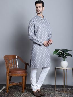 Jompers - Men Grey Cotton Floral Printed Kurta with Churidar