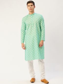 Jompers - Men Sea Green Cotton Floral Printed Kurta with Churidar