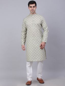 Jompers - Men Sage Green Cotton Floral Printed Kurta with Churidar