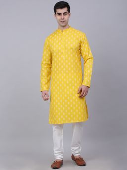 Jompers - Men Yellow Cotton Floral Printed Kurta with Churidar