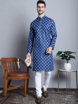 Jompers - Men Navy Blue Cotton Floral Printed Kurta with Churidar
