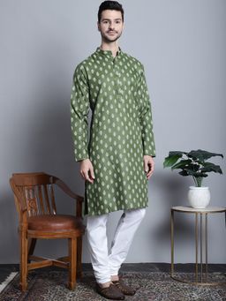 Jompers - Men Olive Cotton Floral Printed Kurta with Churidar