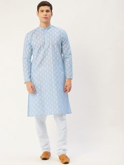 Jompers - Men Powder Blue Cotton Floral Printed Kurta with Churidar