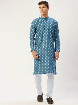 Jompers - Men Teal Cotton Floral Printed Kurta with Churidar