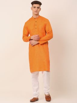 Jompers - Men Orange Cotton Textured Kurta with Churidar