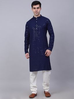 Jompers - Men Navy Blue Embroidered-Sequined Kurta with Churidar
