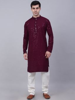 Jompers - Men Maroon Embroidered-Sequined Kurta with Churidar