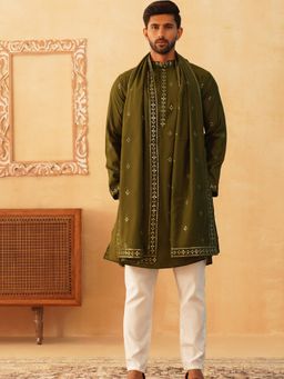 Jompers - Men Olive Embroidered Sequined Kurta with Pyjama and Dupatta