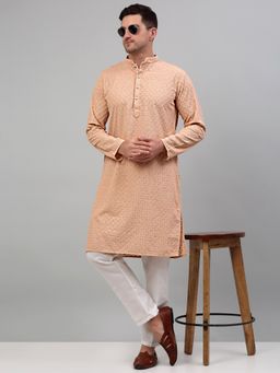 Jompers - Men Peach Embroidered and Sequined Kurta with Pyjama
