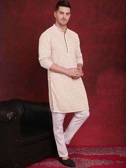 Jompers - Men Beige Embroidered and Sequined Kurta with Pyjama