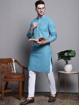 Jompers - Men Blue Pure Cotton Embroidered and Sequined Kurta with Pyjama