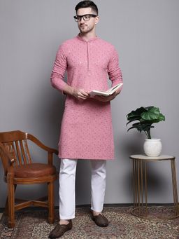 Jompers - Men Pink Pure Cotton Embroidered and Sequined Kurta with Pyjama