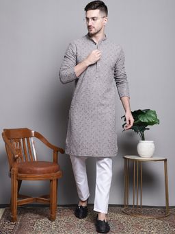 Jompers - Men Grey Pure Cotton Embroidered and Sequined Kurta with Pyjama