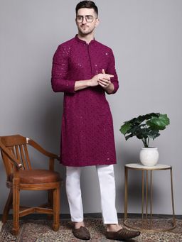 Jompers - Men Wine Pure Cotton Embroidered and Sequined Kurta with Pyjama