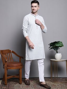 Jompers - Men Sky Blue Pure Cotton Embroidered and Sequined Kurta with Pyjama