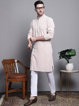 Jompers - Men Peach Pure Cotton Embroidered and Sequined Kurta with Pyjama