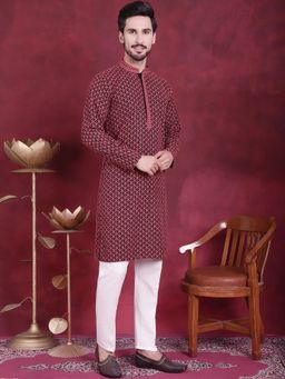 Jompers - Men Pink Embroidered Sequined Kurta with Pyjama