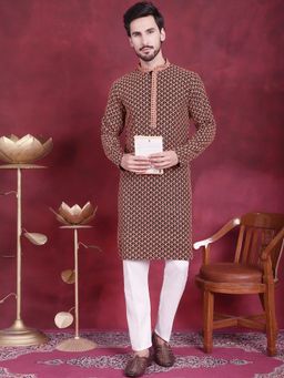 Jompers - Men Peach Embroidered Sequined Kurta with Pyjama