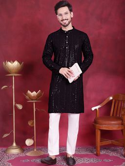 Jompers - Men Black Embroidered Sequined Kurta with Pyjama