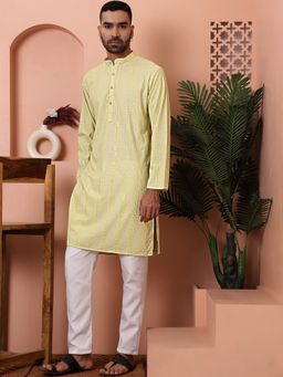 Jompers - Men Lime Yellow Embroidered Sequined Kurta with Pyjama
