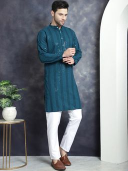 Jompers - Men Teal Embroidered Sequined Kurta with Pyjama