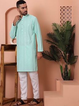 Jompers - Men Sky Blue Embroidered Sequined Kurta with Pyjama