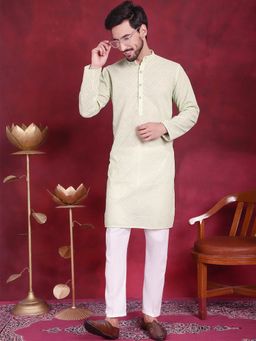Jompers - Men Light Green Chikankari Embroidered Kurta with Pyjama
