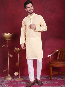 Jompers - Men Light Yellow Chikankari Embroidered Kurta with Pyjama