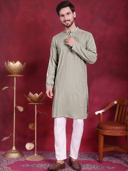 Jompers - Men Green Chikankari Embroidered Kurta with Pyjama