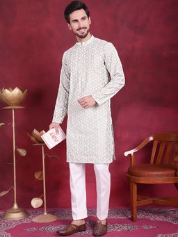Jompers - Men Light Green Chikankari Embroidered Kurta with Pyjama