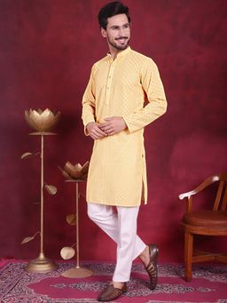 Jompers - Men Yellow Chikankari Embroidered Kurta with Pyjama