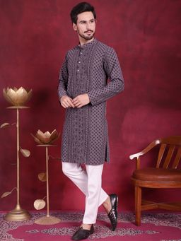 Jompers - Men Grey Chikankari Embroidered Kurta with Pyjama