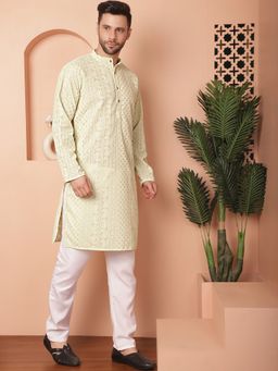 Jompers - Men Light Green Chikankari Embroidered Kurta with Pyjama