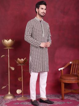 Jompers - Men Brown Sequins Embroidered Kurta with Pyjama