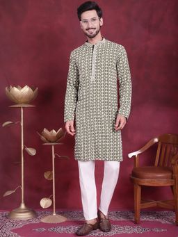 Jompers - Men Olive Sequins Embroidered Kurta with Pyjama