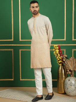 Jompers - Men Beige Embroidered Sequined Kurta with Pyjama