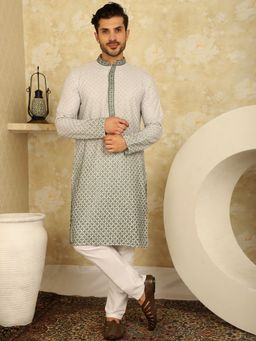 Jompers - Men Pista Green Ombre Embroidered Kurta with Pyjama