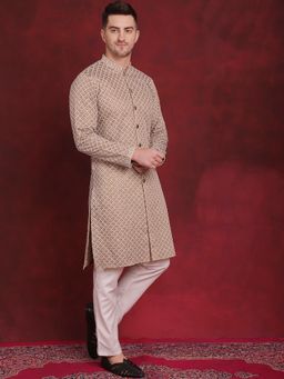 Jompers - Men Light Brown Embroidered Sequined Kurta with Pyjama