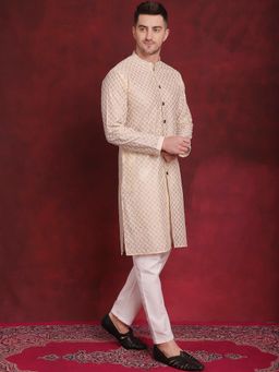 Jompers - Men Beige Embroidered Sequined Kurta with Pyjama