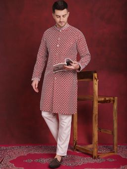 Jompers - Men Red Embroidered Sequined Kurta with Pyjama