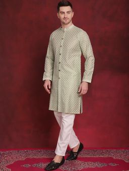 Jompers - Men Pista Green Embroidered Sequined Kurta with Pyjama